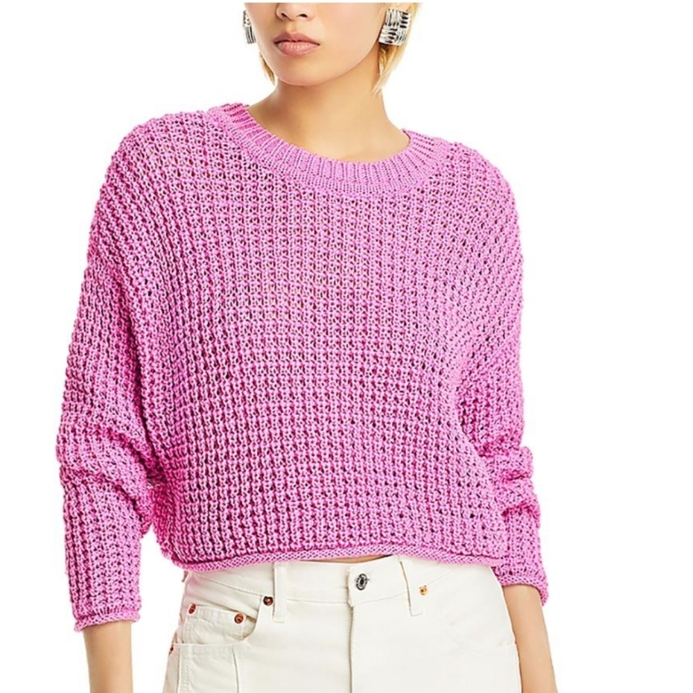 Aqua Waffle Knit Crew Neck Cropped Sweater